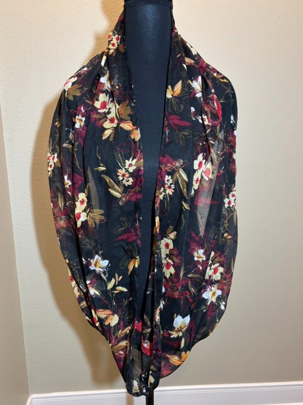 J.Jill Floral Loop Infinity Scarf Black Yellow Red Burgundy White